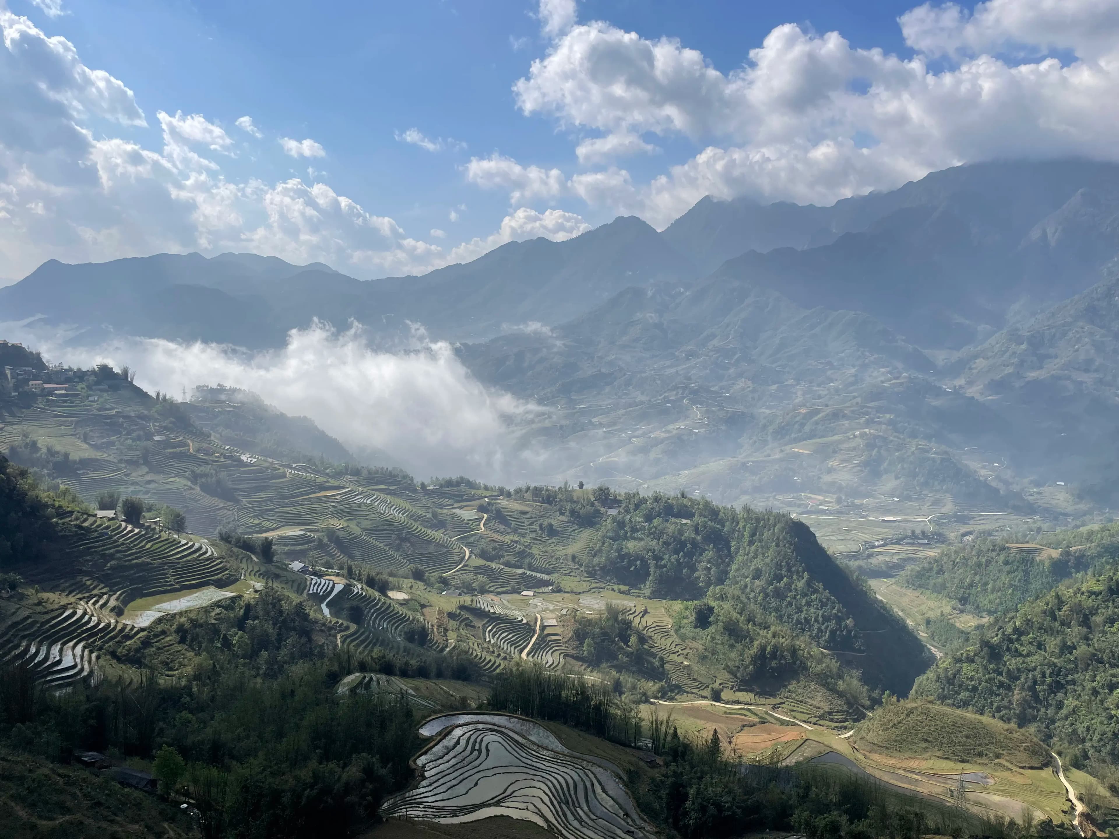 Mountain terraced landscape with clouds